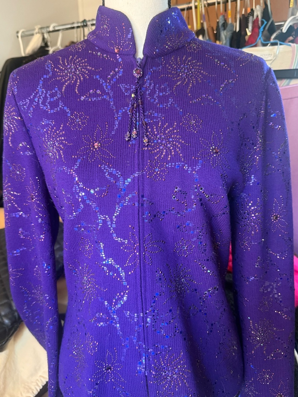 St. John Purple Sequin Zip-Front Stand-Collar Jacket brilliant blink size8